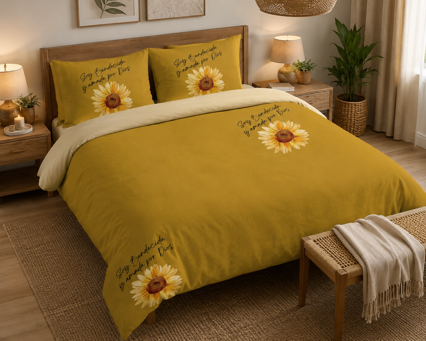 Sunflower Cotton Bed Set – Soy Bendecida y amada por Dios - Duvet Cover & Pillowcases